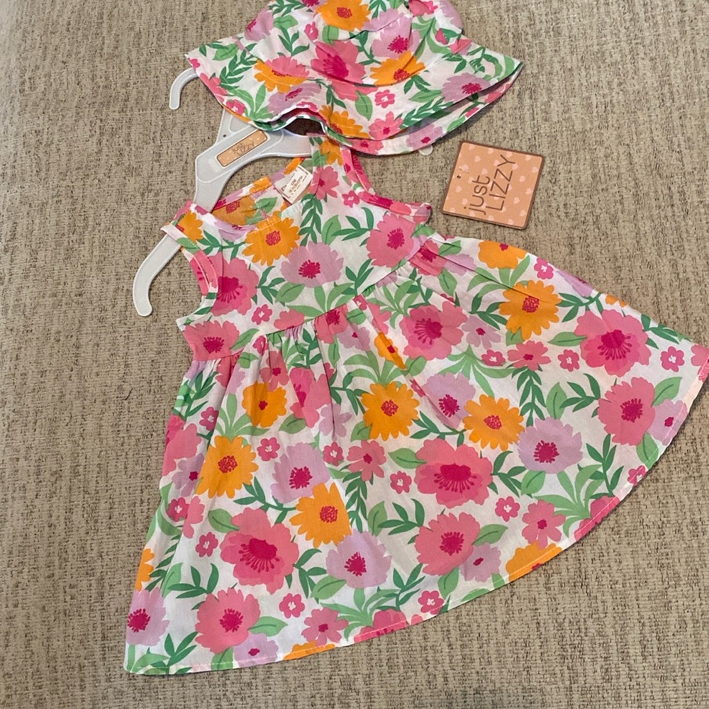 NWT Just Lizzy Floral 2-Piece Dress & Hat Set |Size 12 month